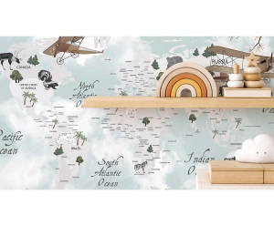 Vintage mapa sveta s lietadlami – dobrodružná detská tapeta
