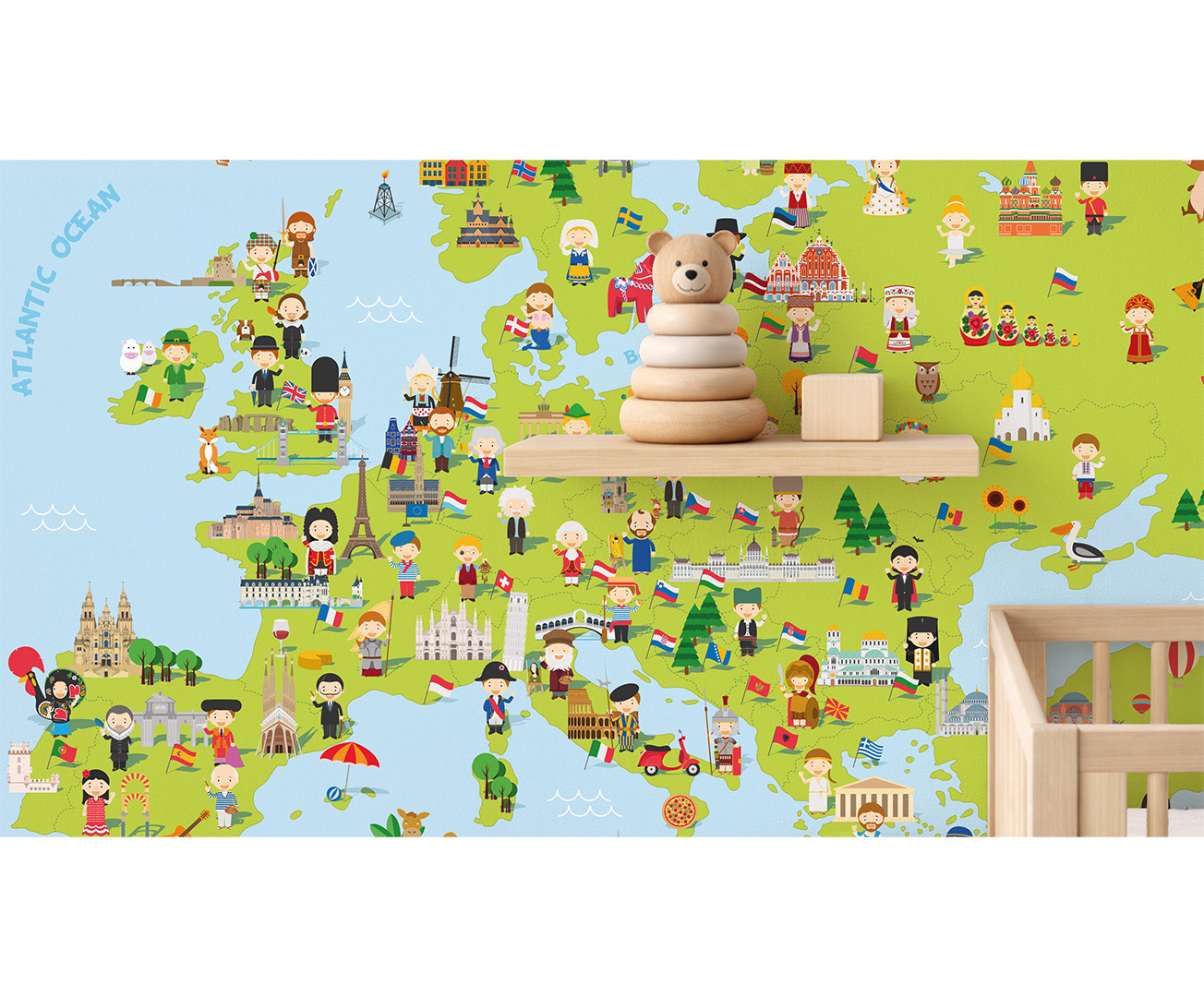 Mapa Evropy s postavičkami – edukační dětská tapeta